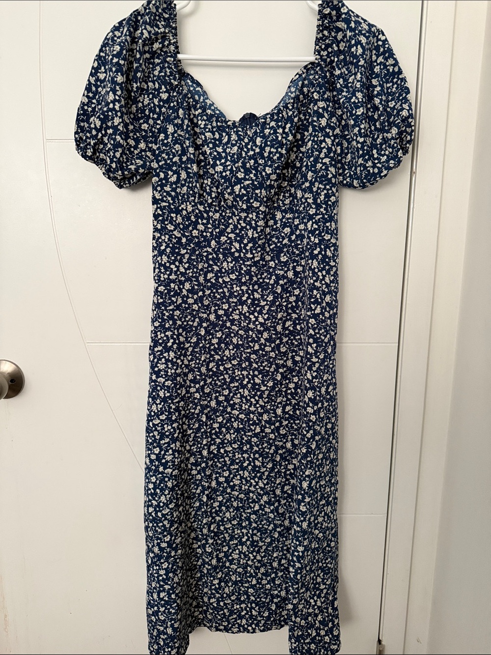 Navy Floral Puff-Sleeve Midi Dress - Unbranded